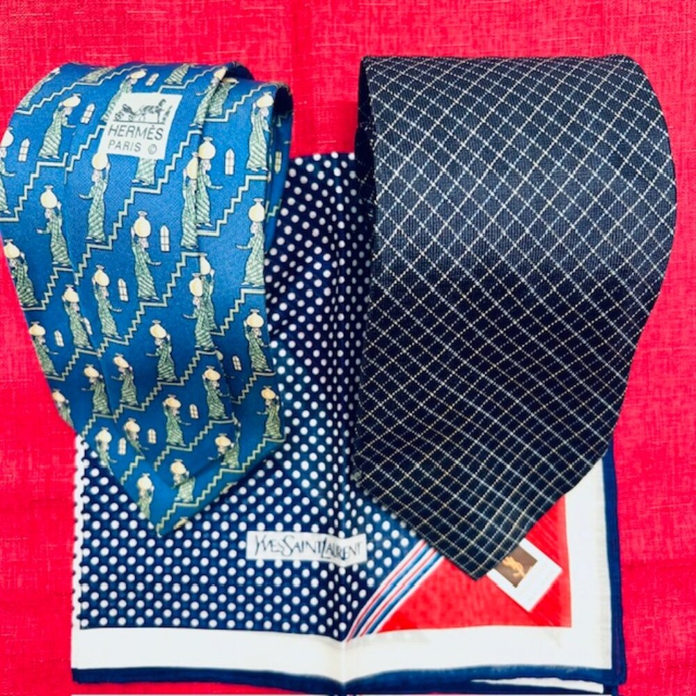 Set Necktie Silk : Hermes Paris & Les Mues Paris Blue + YSL Handkerchief 16"(48 - Picture 2 of 15